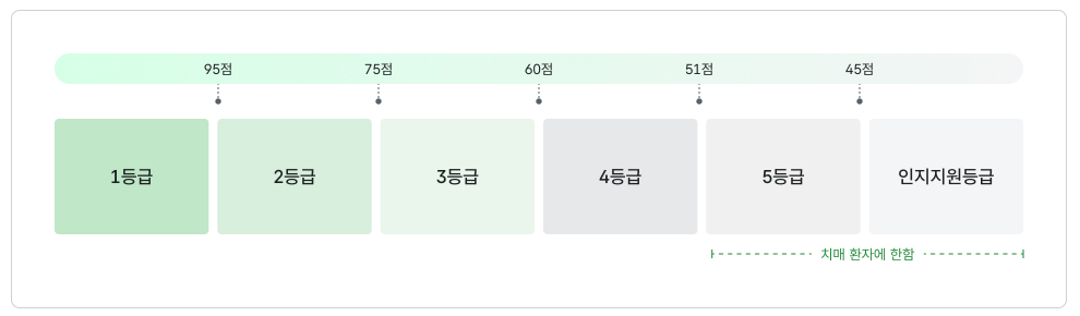 요양인정점수{1등급(95점),2등급(75점),3등급(60점),4등급(51점),등급외A 5등급(45점),등급외B&C 인지지원등급}